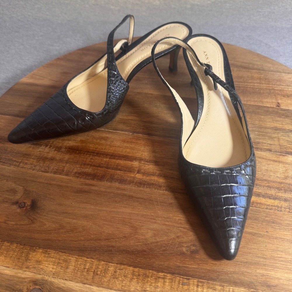 Ann Taylor Black Croc Embossed Leather Slingback Kitten Heels Pointed Toe 6M - Picture 2 of 7